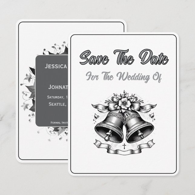 Monochrome Hochzeitsglocken Save the Date (Vorne/Hinten)
