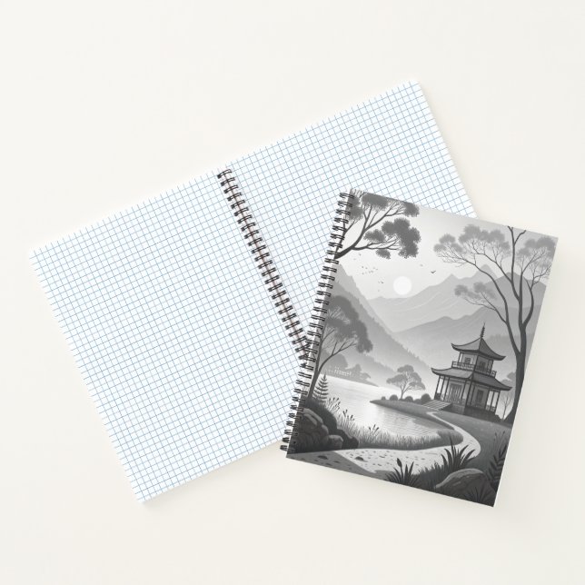 Monochrome Japanese Pavilion by Lakeside Path Notizbuch (Innenseite)