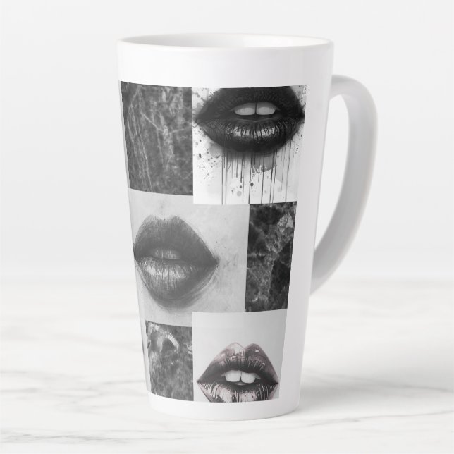 Monochrome Lips Latte Mug – Stylish Black & White  Milchtasse (Rechte Ecke)