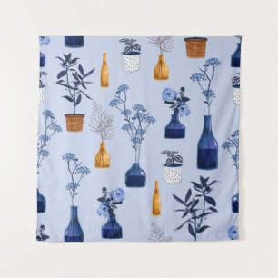 Monochrome moderne Blumen und Vasen, Töpfe mit Bot Wandteppich