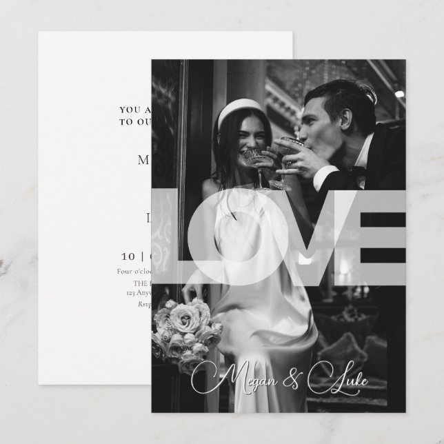 Monochrome Moderne Stylist Typografie Foto Hochzei Einladung (Vorne/Hinten)