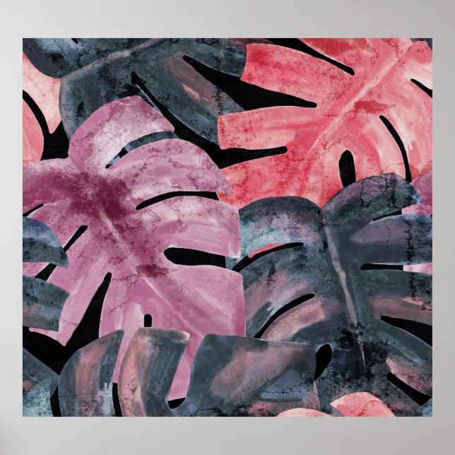 Monochrome Monstera: Watercolor Tropical Pattern. Poster (Vorne)