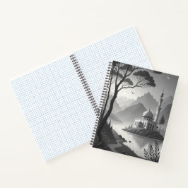 Monochrome Mosque Landscape with Mountain Lake Vie Notizbuch