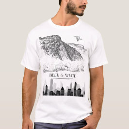 Monochrome Mountain City Skyline Art Black White T-Shirt