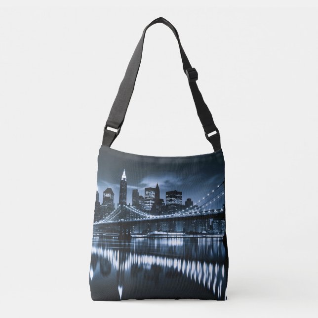 Monochrome New York Skyline Nightscape Tragetaschen Mit Langen Trägern (Vorderseite)