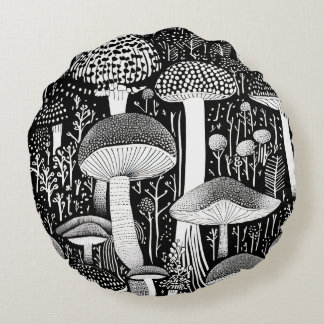 Monochrome Pilzforst-Illustration Rundes Kissen