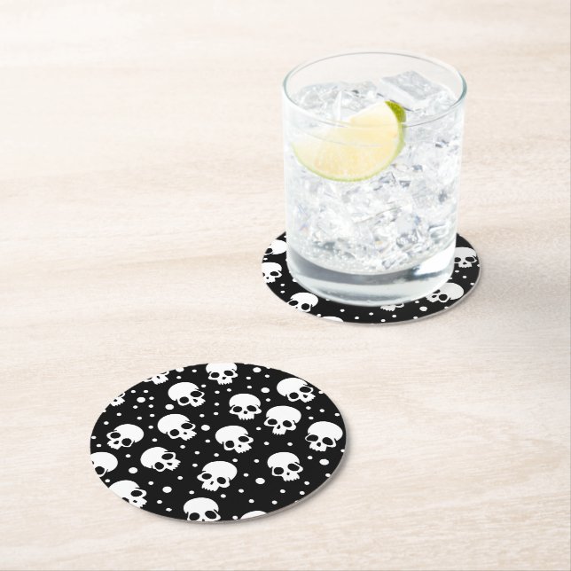 Monochrome Polka Dot Skull Runder Pappuntersetzer (Vor Ort)