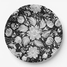 Monochrome Schwarz-Weiß-Blumen-Volkskunst Pappteller
