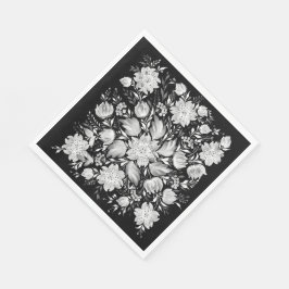 Monochrome Schwarz-Weiß-Blumen-Volkskunst Serviette