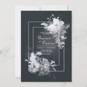 Monochrome Schwarz Weiß Floral Geometrisch Hochzei Einladung