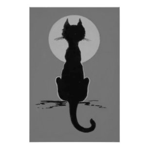 Monochrome Schwarz-Weiß-Schwarze Katze Vollmond Fotodruck