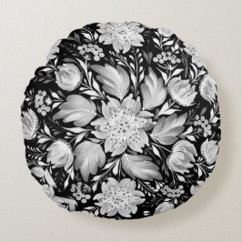 Monochrome Schwarz-Weiß-Volkskunst Rundes Kissen