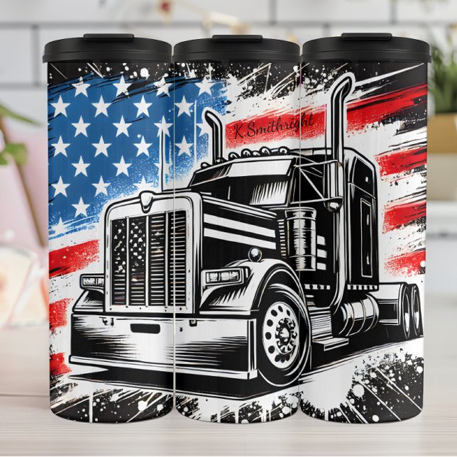 Monochrome Semi Truck American Flag Thermosbecher (Von Creator hochgeladen)