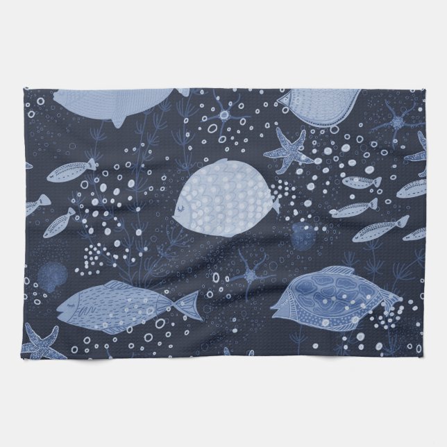 Monochrome sleeping fishes, dark pattern. geschirrtuch (Horizontal)