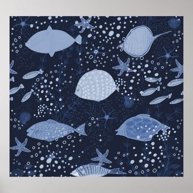 Monochrome sleeping fishes, dark pattern. poster (Vorne)