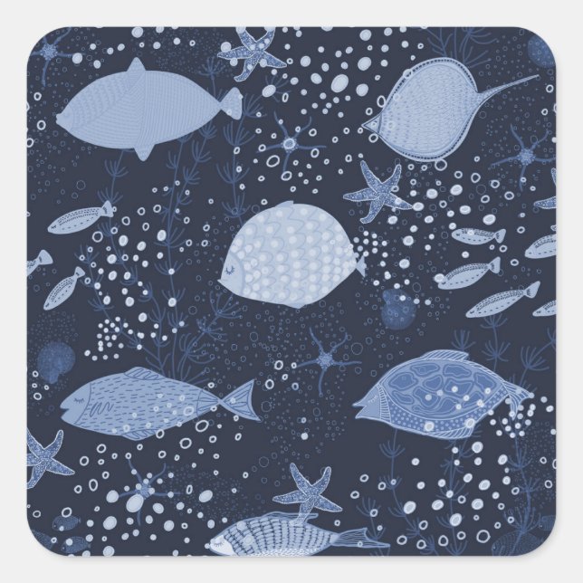 Monochrome sleeping fishes, dark pattern. quadratischer aufkleber (Vorderseite)