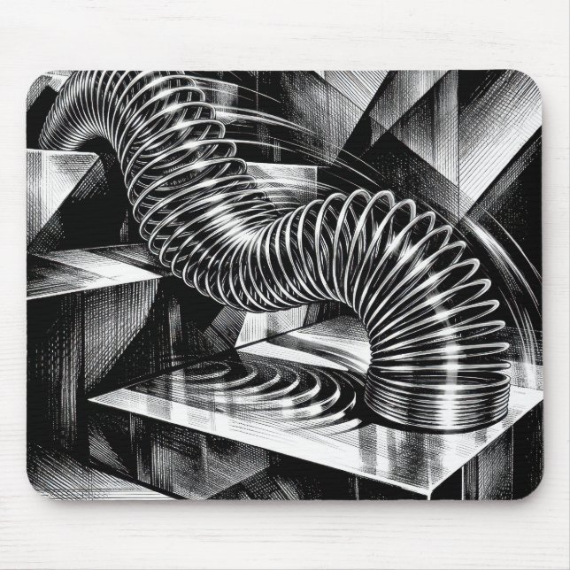 Monochrome Slinky Tumbling Down Chrome Steps Mousepad (Vorne)