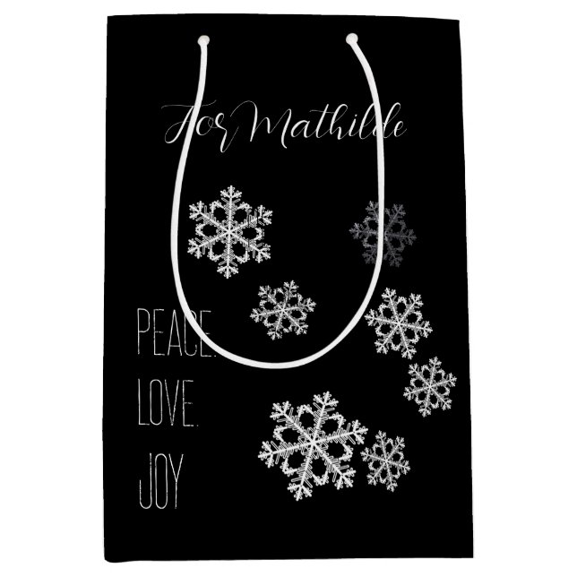 Monochrome Snowflake Weihnachtsmuster mit Skript Mittlere Geschenktüte (Vorderseite)
