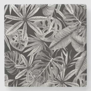 Monochrome tropische, Aquarellfarben Blätter Textu Steinuntersetzer