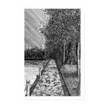 Monochrome Uferpromenade am See, Line Art Druck