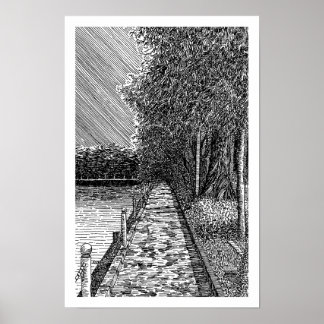 Monochrome Uferpromenade am See, Line Art Druck Poster