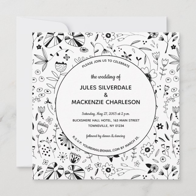 Monochrome Wild Blume Moderne Hochzeit Einladung (Vorderseite)