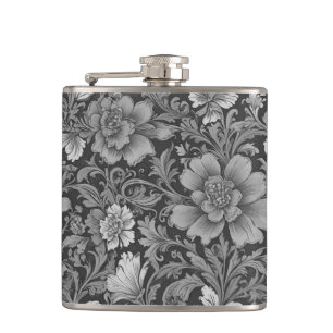Monochromes Vintage-Blumenmuster Flachmann