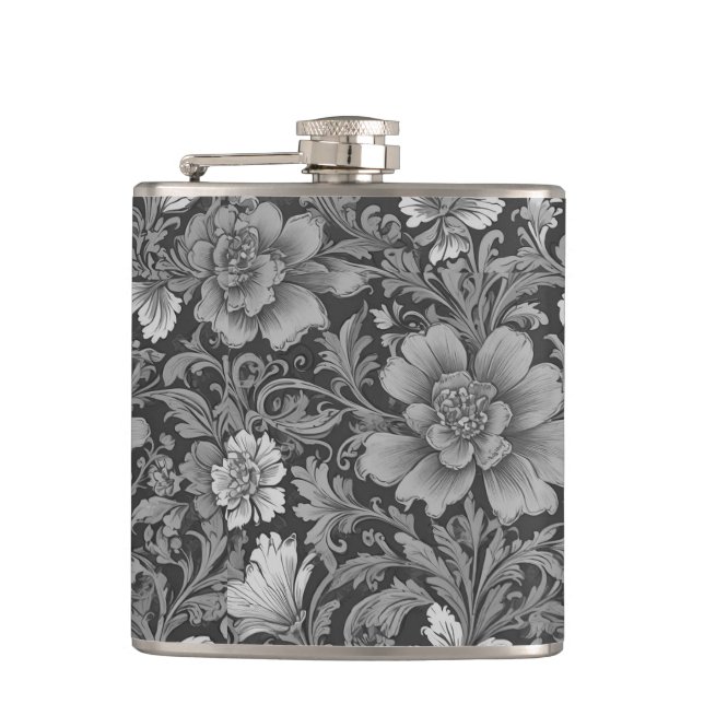 Monochromes Vintage-Blumenmuster  Flachmann (Vorderseite)