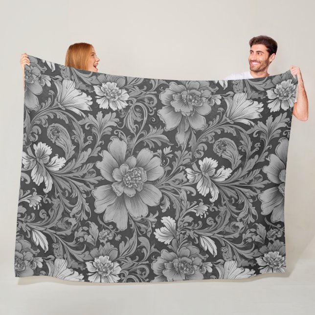 Monochromes Vintage-Blumenmuster  Fleecedecke (Beispiel)