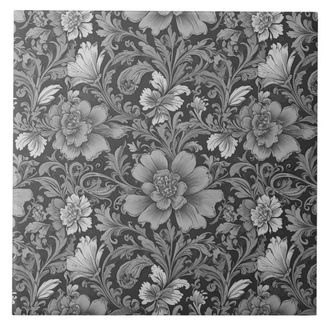 Monochromes Vintage-Blumenmuster  Fliese (Vorderseite)