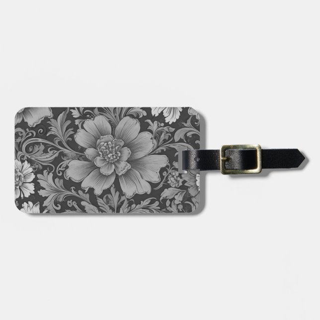 Monochromes Vintage-Blumenmuster  Gepäckanhänger (Vorderseite horizontal)