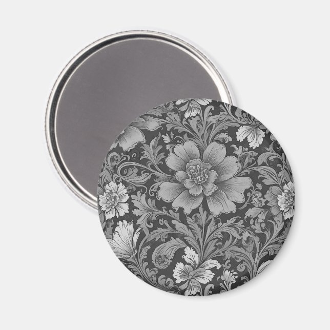 Monochromes Vintage-Blumenmuster  Magnet (Vorderseite/Rückseite)