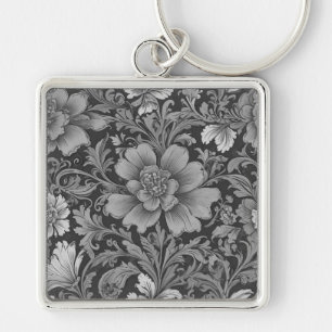 Monochromes Vintage-Blumenmuster Schlüsselanhänger