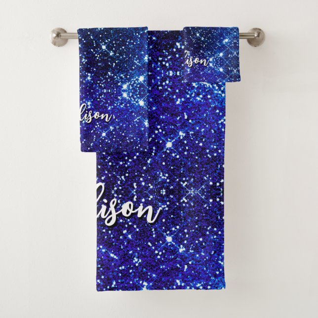 Monografie des blauen Glitzer Badhandtuch Set (Insitu)