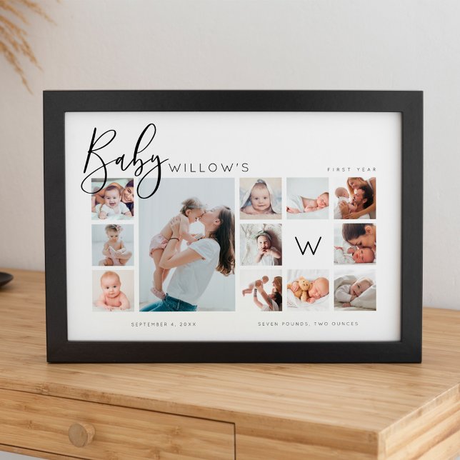 Monografie des Fotos zum ersten Jahr des Säuglings Poster (Baby's First Year Photo Keepsake Collage Monogram Poster)