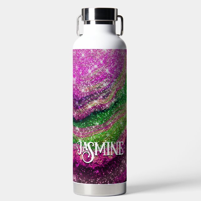 Monografie des schwach-rosa-grünen Glitzer Trinkflasche (Vorderseite)