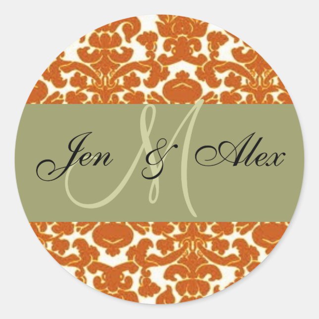 Monografische Braut Hochzeitsticker, grün orange Runder Aufkleber (Vorderseite)