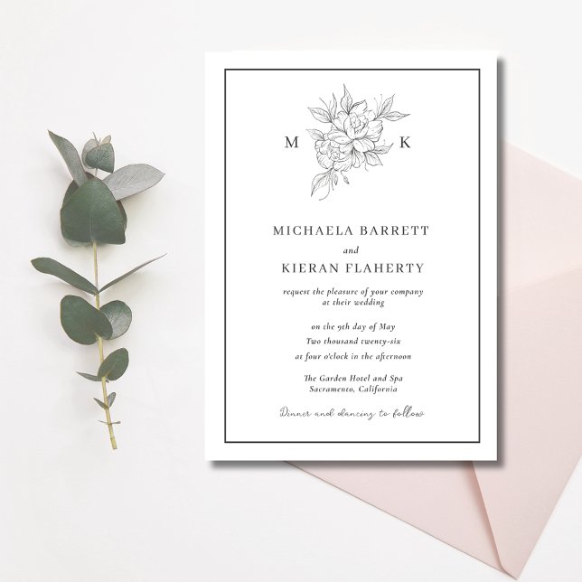 Monografische Hochzeit der botanischen Blume Einladung (Botanical Flower Monogram Wedding Invitation)