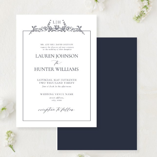 Monografische Hochzeit der formalen Navy-Blauen-Gr Einladung (Von Creator hochgeladen)