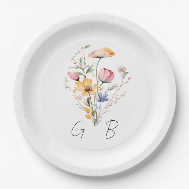 Monografische Hochzeit der Wasserfarbe-Wildblume Pappteller (Vorderseite)