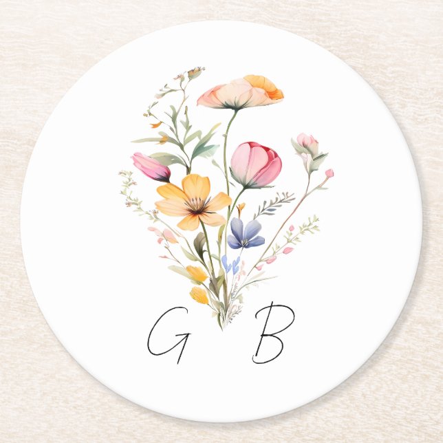 Monografische Hochzeit der Wasserfarbe-Wildblume Runder Pappuntersetzer (Vorderseite)