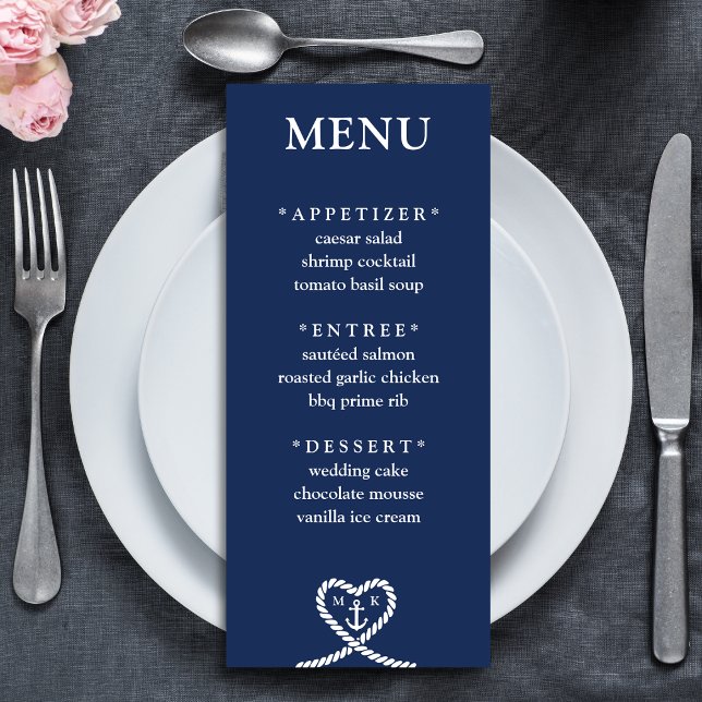 Monografische Hochzeit des blauen Herzens Menükarte (Nautical Blue Heart Rope Monogram Wedding Menu)