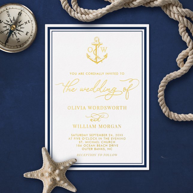 Monografische Hochzeit des Nautic Anchor Gold Foil Folieneinladung (Von Creator hochgeladen)