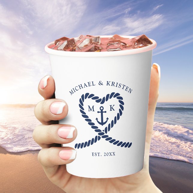 Monografische Hochzeit des Nautic Blue Rope Heart  Pappbecher (Nautical Blue Rope Heart Anchor Monogram Wedding Paper Cups)