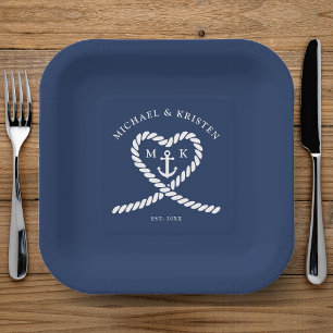 Monografische Hochzeit des Nautic Blue Rope Heart  Pappteller