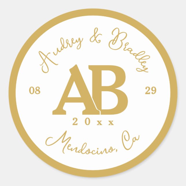 Monografische Hochzeit in Weiß und Gold 2 Buchstab Runder Aufkleber (Vorderseite)