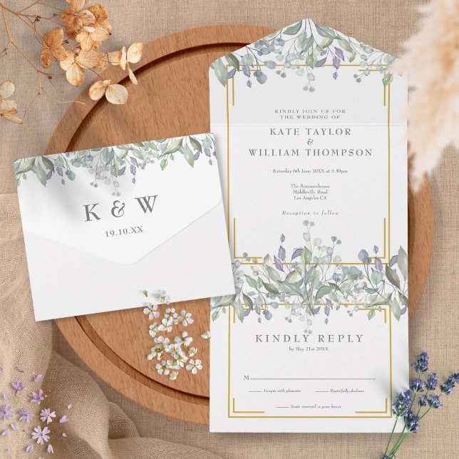 Monografische Hochzeit von Blatt und Lilac All In One Einladung (Von Creator hochgeladen)