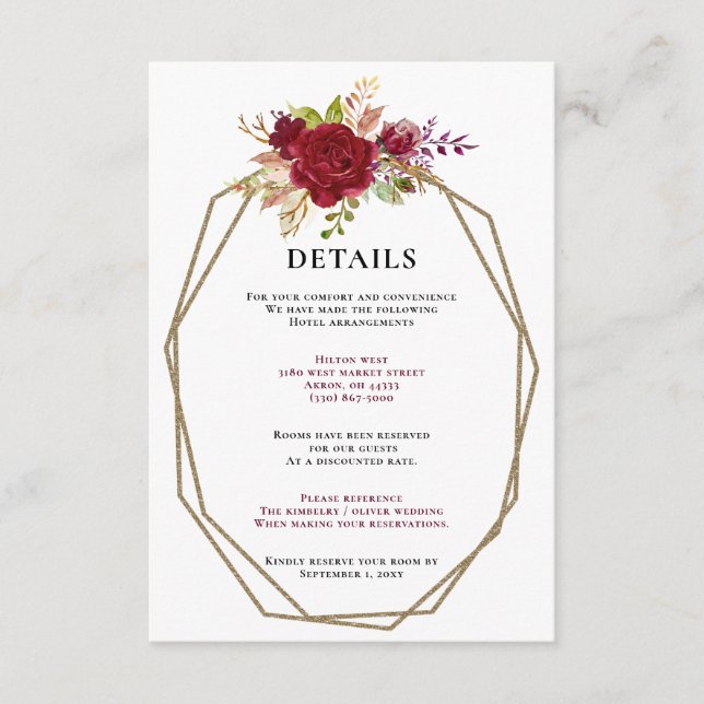 Monografische Hochzeit von Burgundy Blush Gold Flo Begleitkarte (Vorderseite)