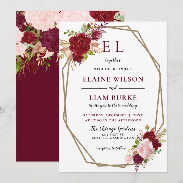 Monografische Hochzeit von Burgundy Blush Gold Flo Einladung (Vorne/Hinten)