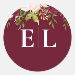 Monografische Hochzeit von Burgundy Blush Gold Flo Runder Aufkleber